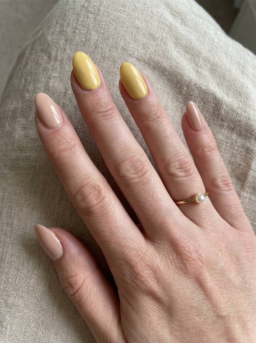 Buttery Yellow and Nude Nails mit harmonischem Farbwechsel